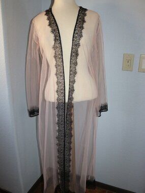 Victoria's Secret Sheer Pink Mesh Long Robe Black Lace Trim Kimono